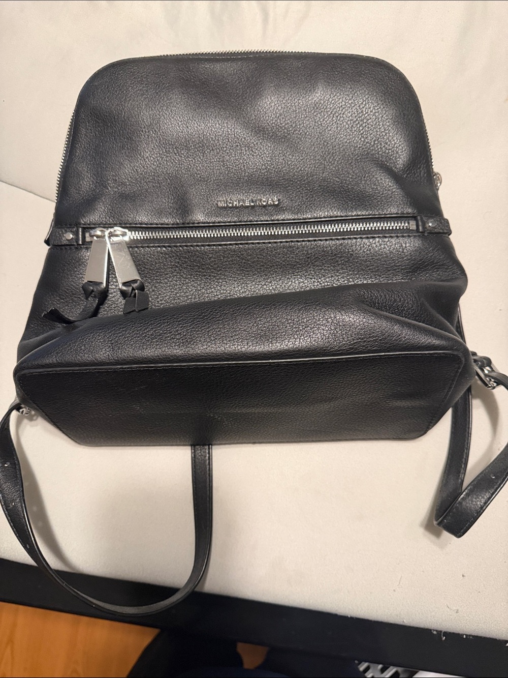 Michael Kors Black Pebbled Leather Backpack with Silver Zippers